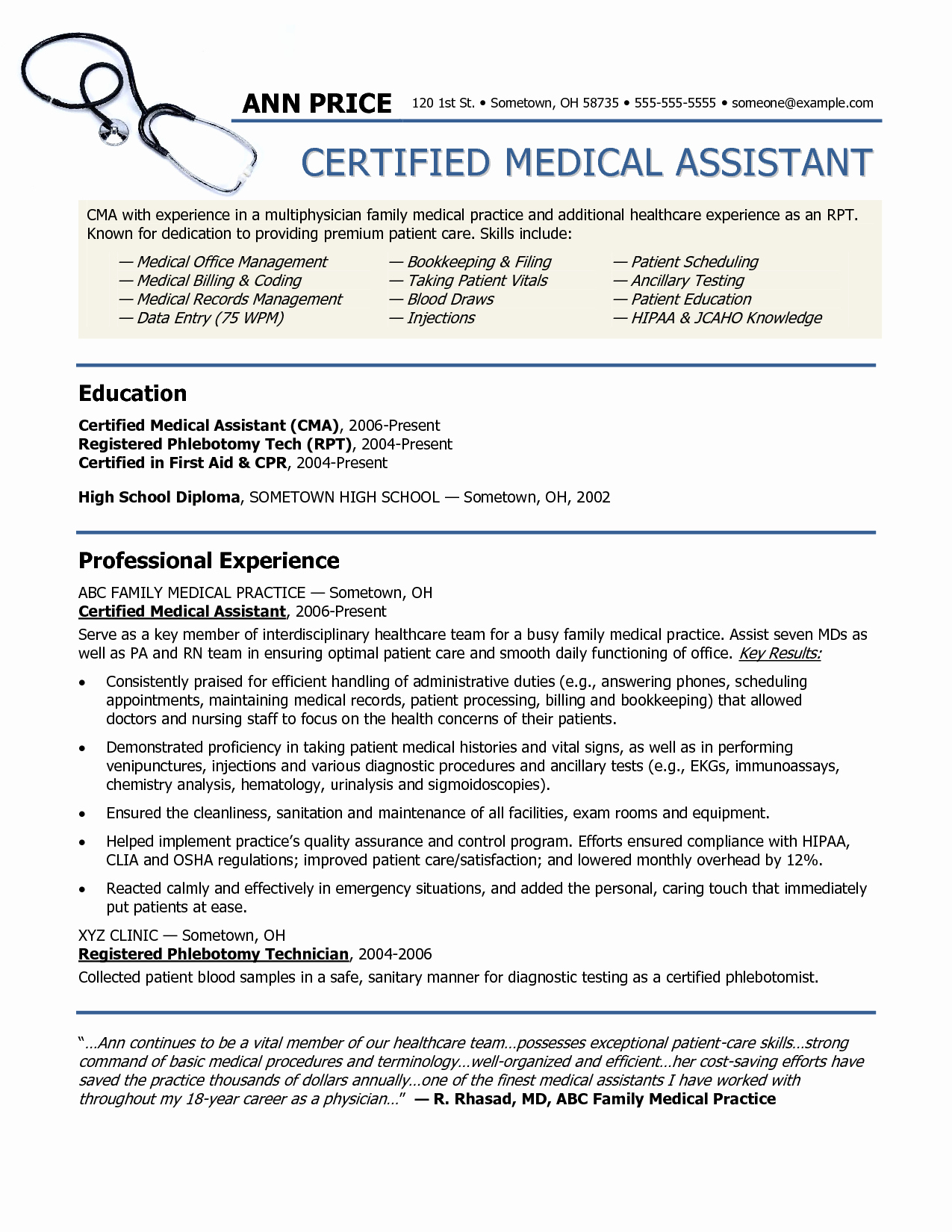 2016 2017 Sample Resume for Medical assistant