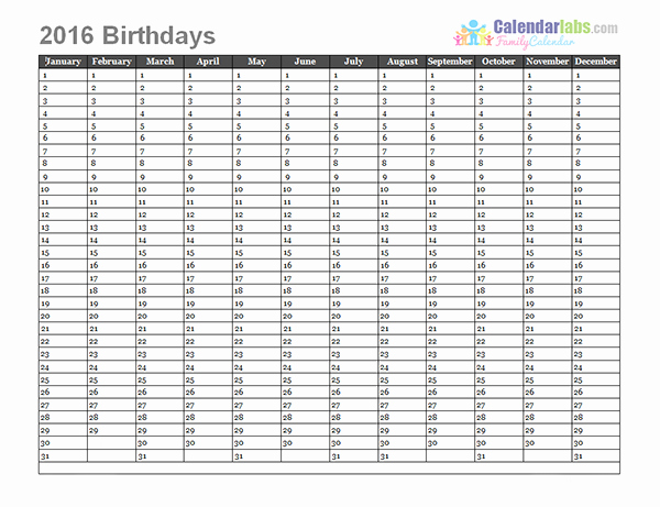 2016 Birthday Calendar Template Free Printable Templates