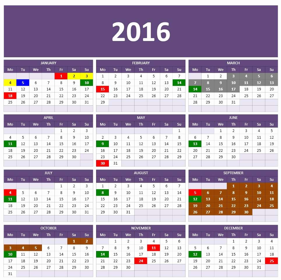 2016 calendar templates