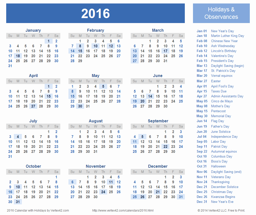 2016 Calendar Templates and