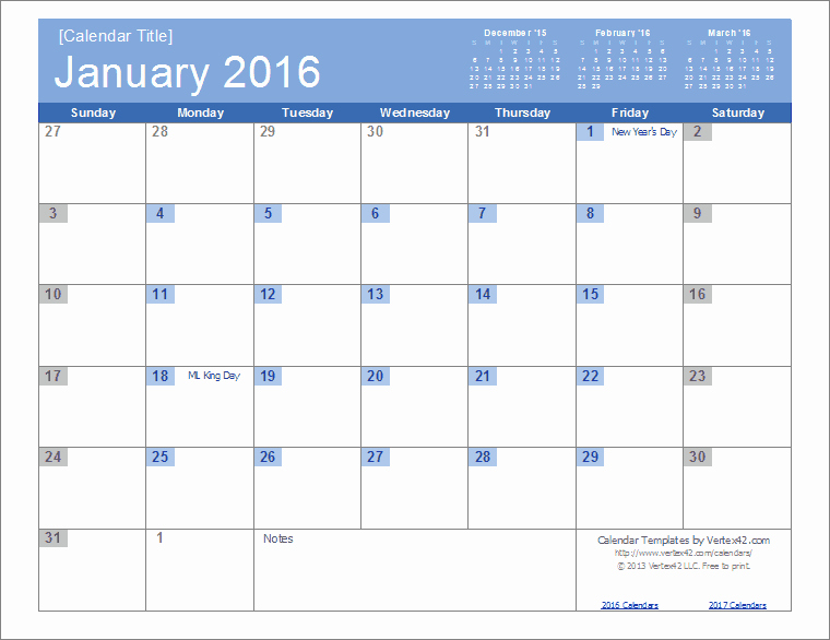 2016 Calendar Templates and