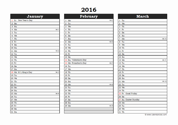2016 Excel Three Month Calendar 01 Free Printable Templates