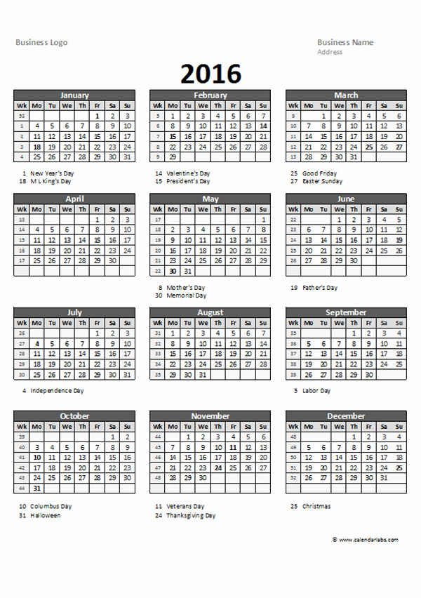 2016 Excel Yearly Calendar 05 Free Printable Templates