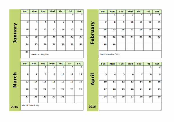 2016 Four Monthly Calendar Template Free Printable Templates
