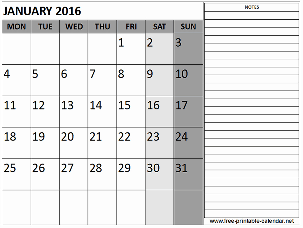 2016 Free Printable Calendar with Notes