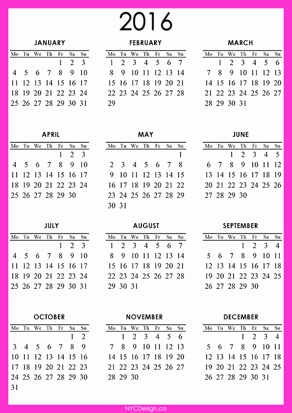 2016 Yearly Calendar Printable Calendar Template 2018