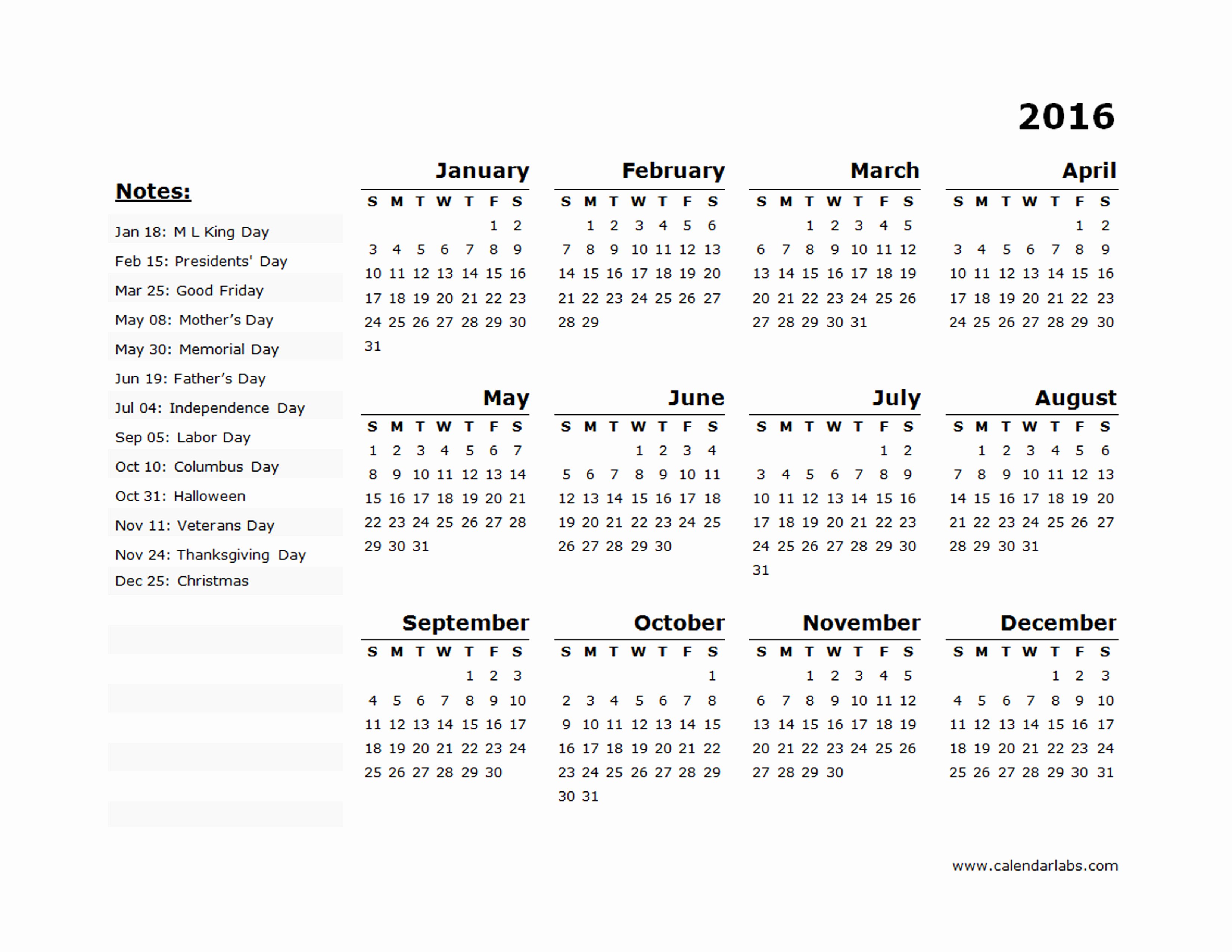 2016 Yearly Calendar Template 11 Free Printable Templates