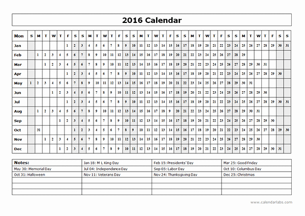 2016 Yearly Calendar Template 15l Free Printable Templates