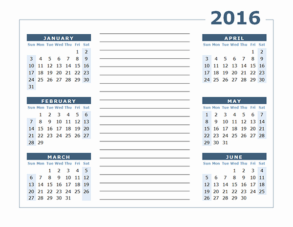 2016 Yearly Calendar Two Page Free Printable Templates