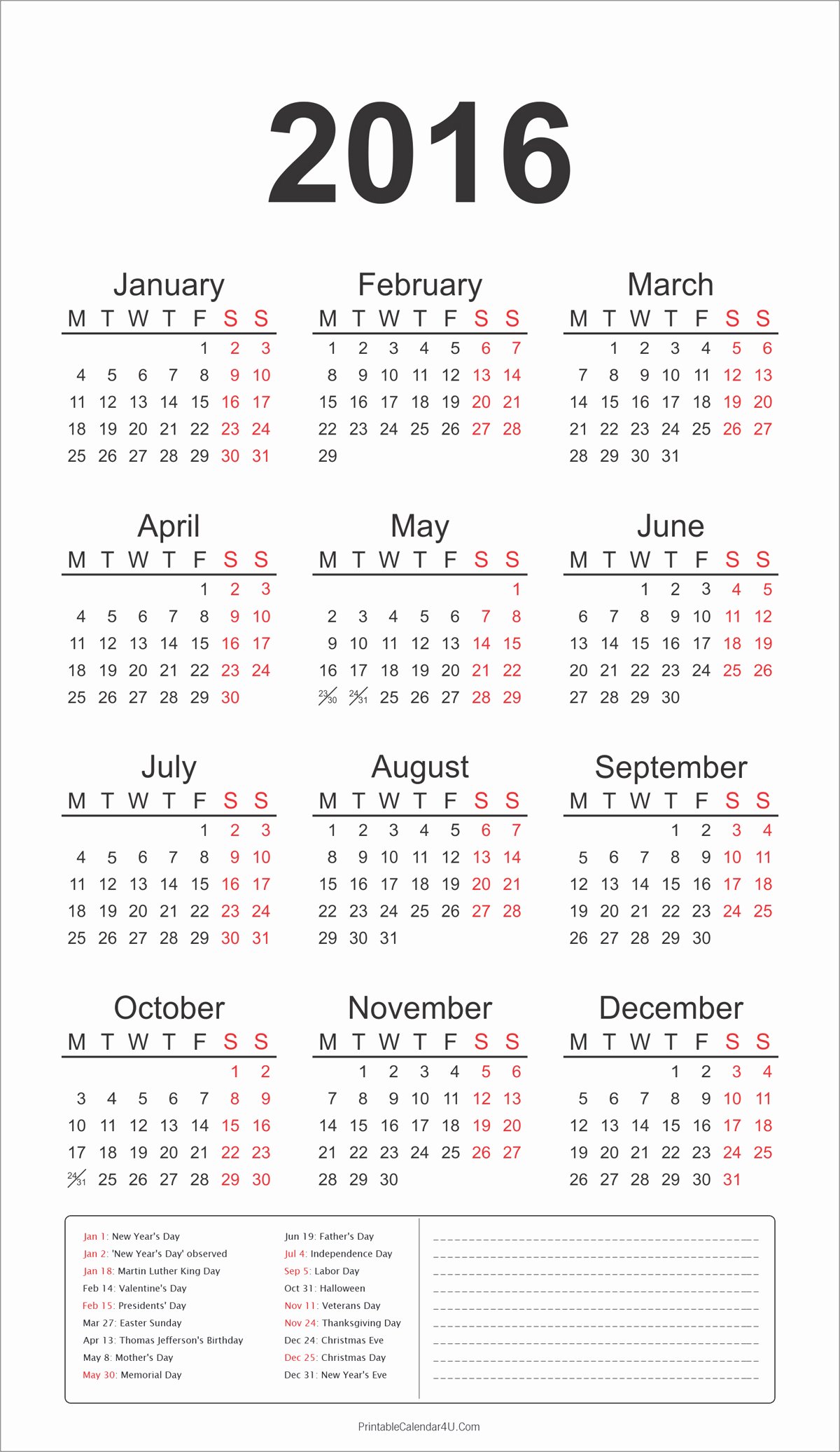 2016 yearly calendar holidays notes