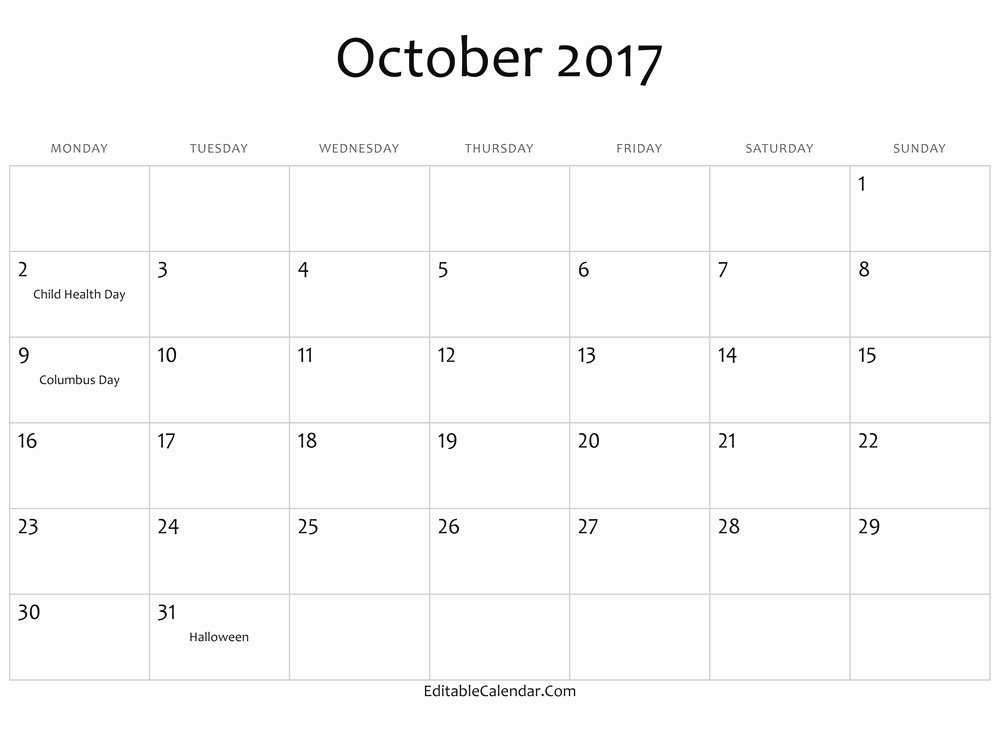 2017 Calendar Word