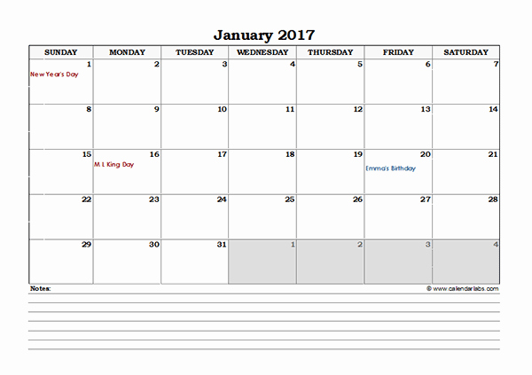 2017 Excel Monthly Calendar with Notes Free Printable