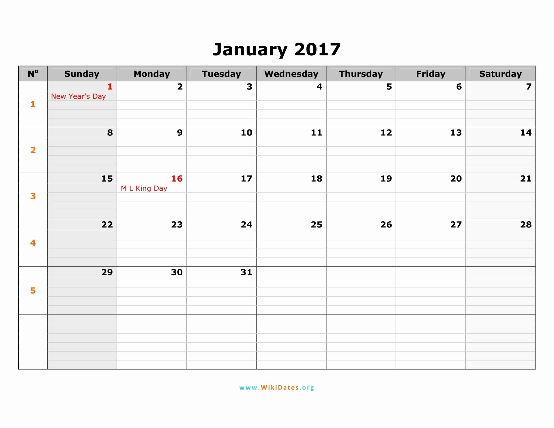 2017 Monthly Calendar Template