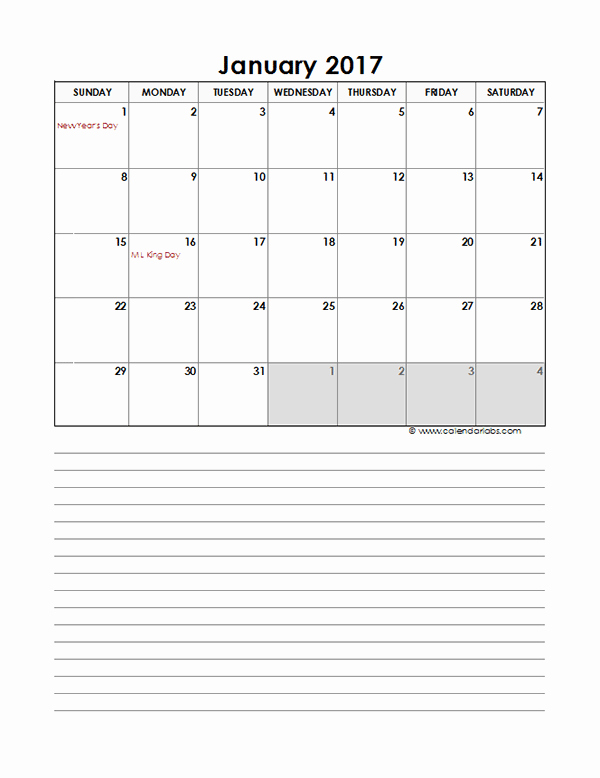 2017 Monthly Excel Template Calendar Free Printable