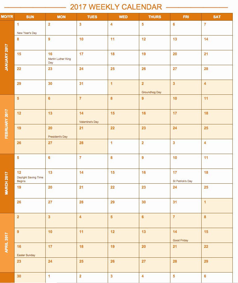 2017 Weekly Calendar Excel
