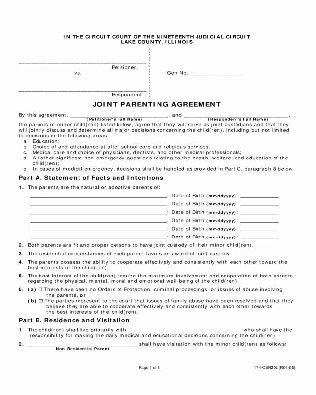 2018 Joint Custody Agreement form Fillable Printable