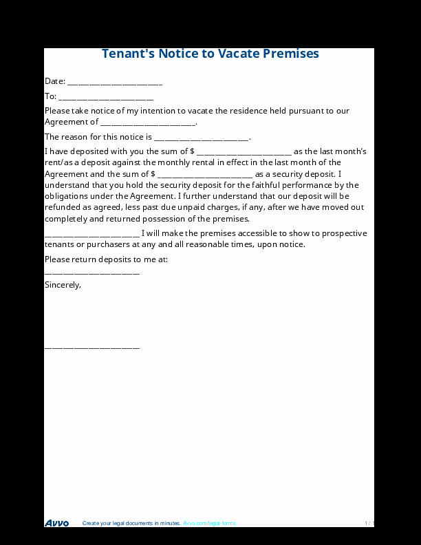 30 Day Notice to Landlord