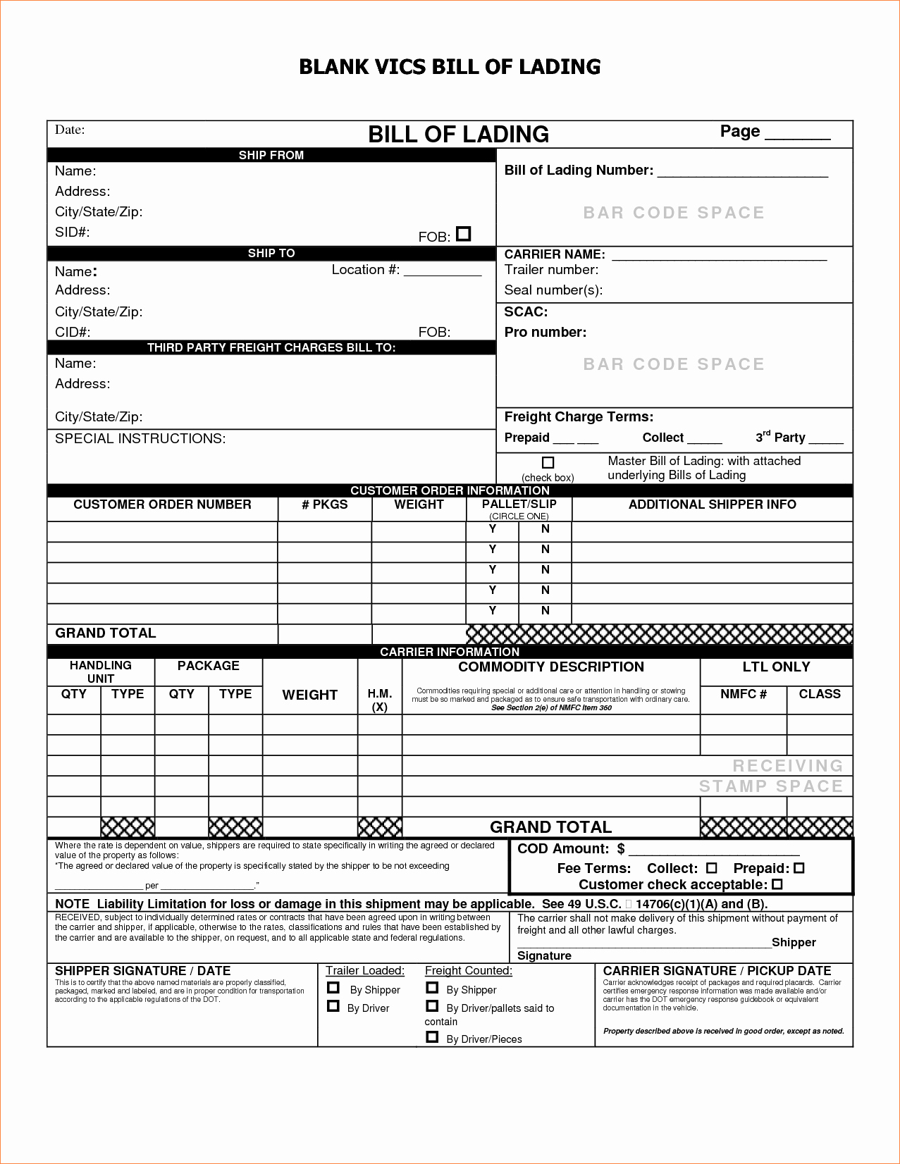 4 Blank Bill Of Lading Pdfreport Template Document