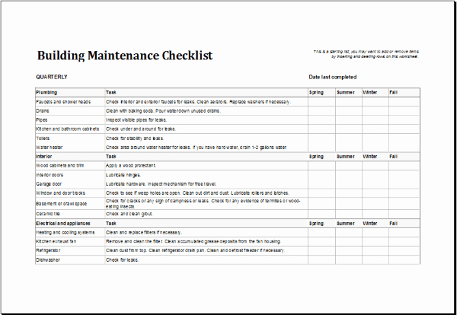 4 Facility Maintenance Checklist Templates Excel Xlts