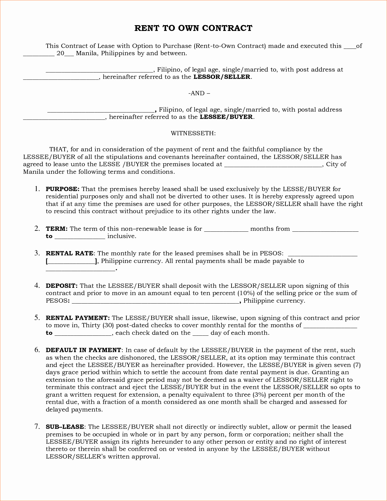 4 Rent to Own Contract Templatereport Template Document