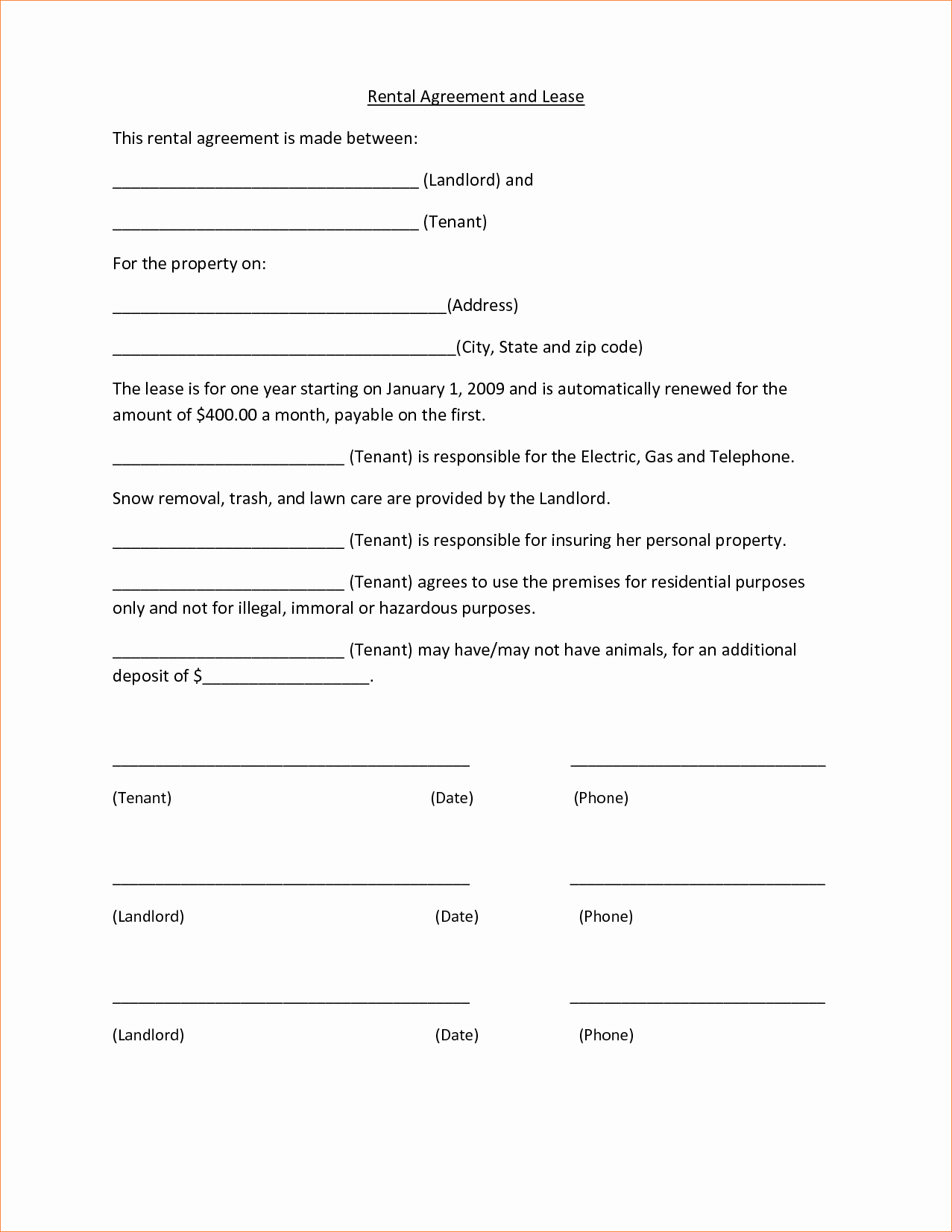 4 Simple One Page Rental Agreementreport Template