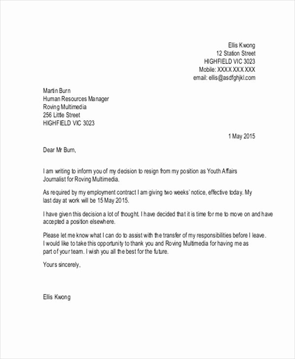 40 Resignation Letter Example