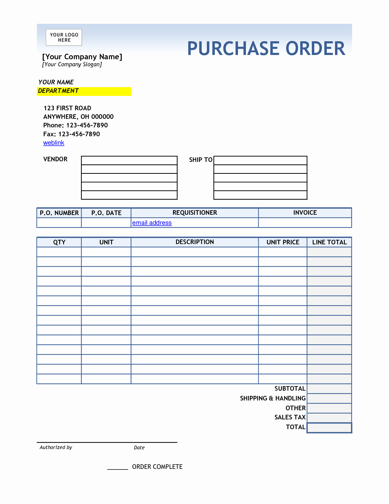 5 Best Of Free Printable Purchase order Template