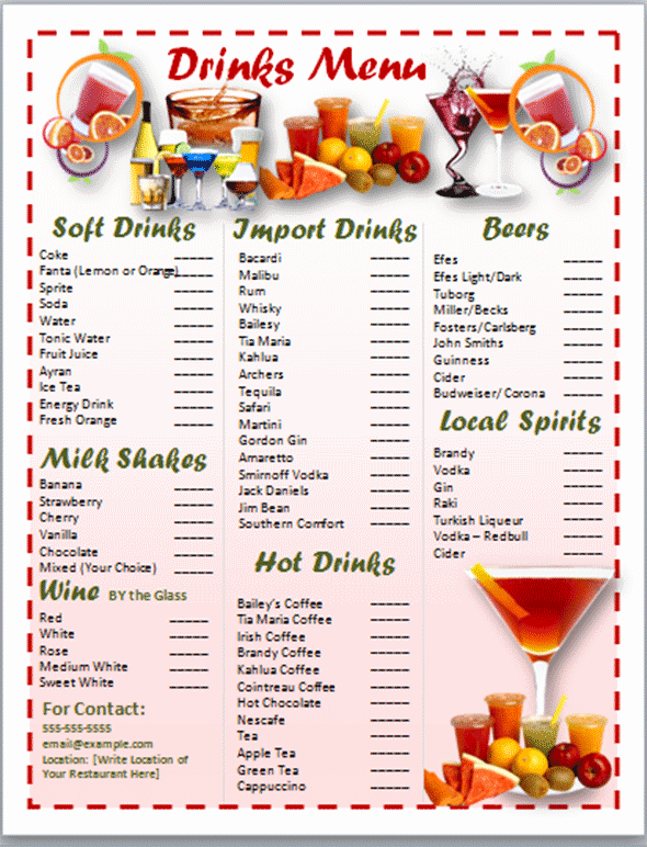 5 drink menu template