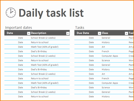 5 Excel Task List