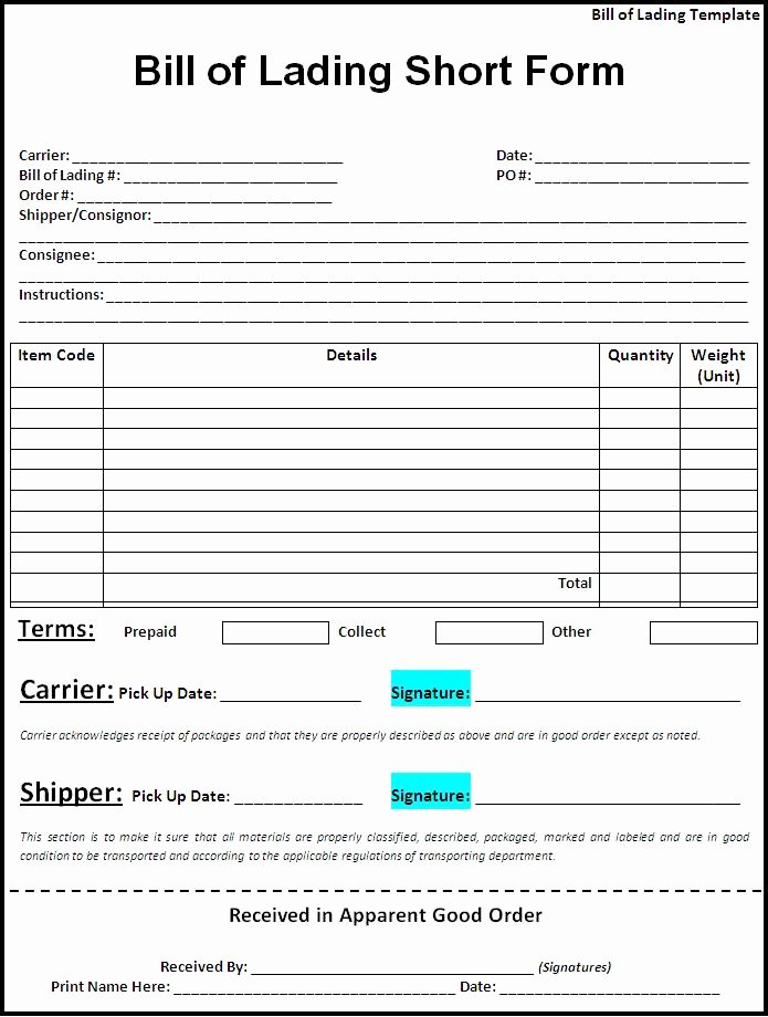 bill of lading template