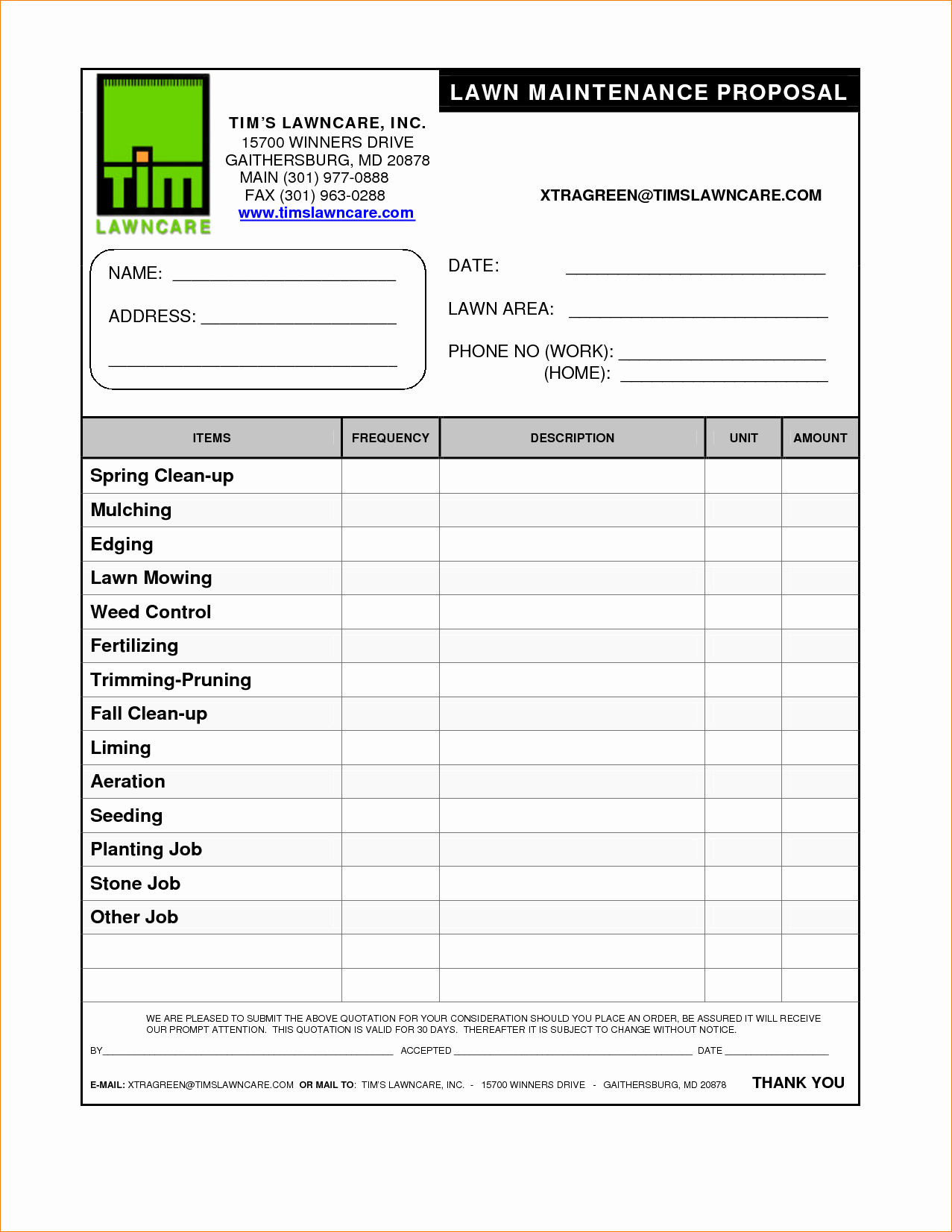 Landscaping Bid Sheet Template
