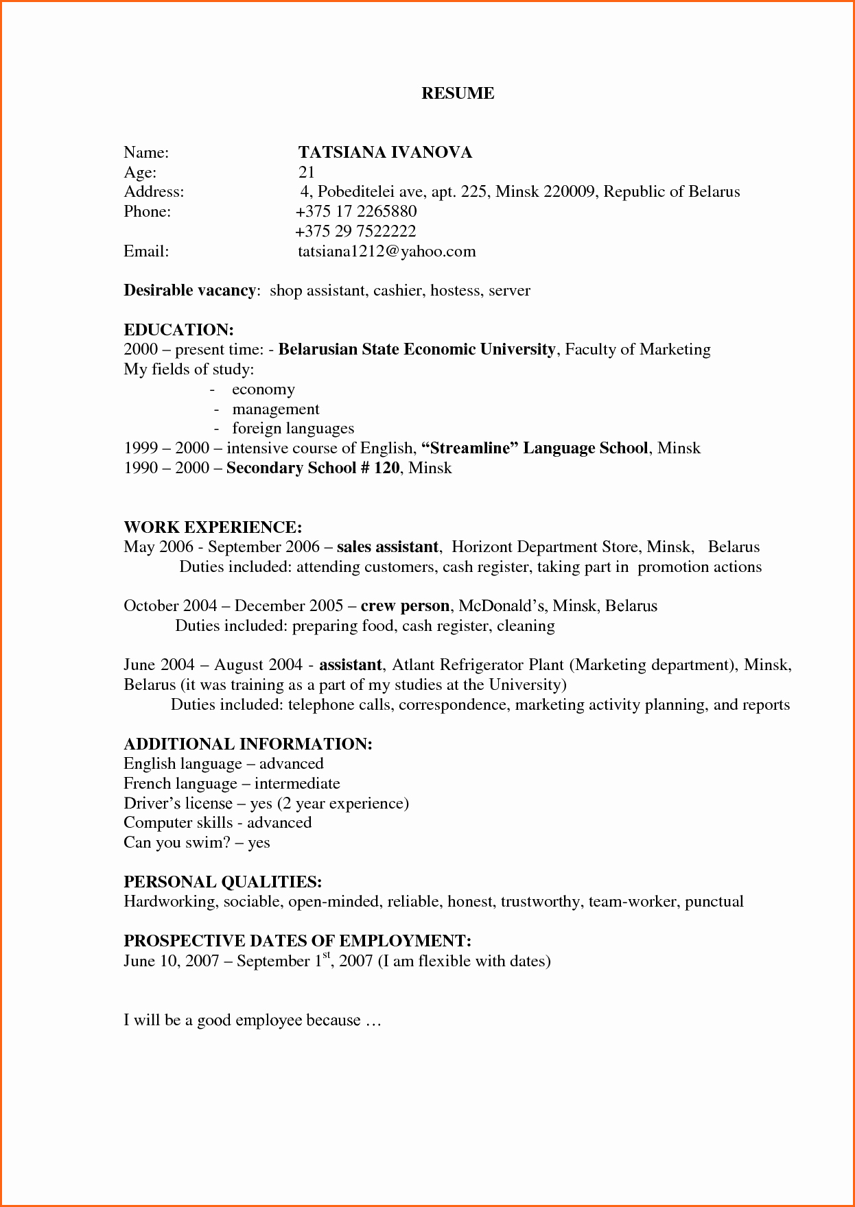 6 cashier resume sample