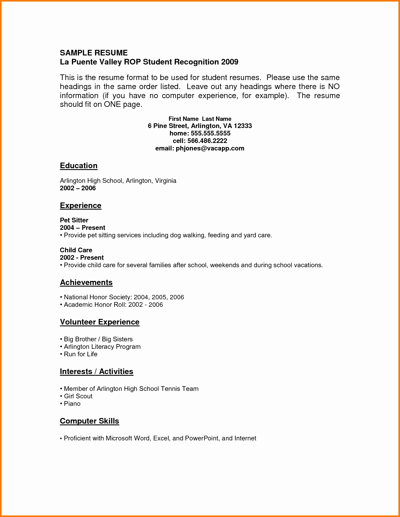 6 First Resume No Experience Sample