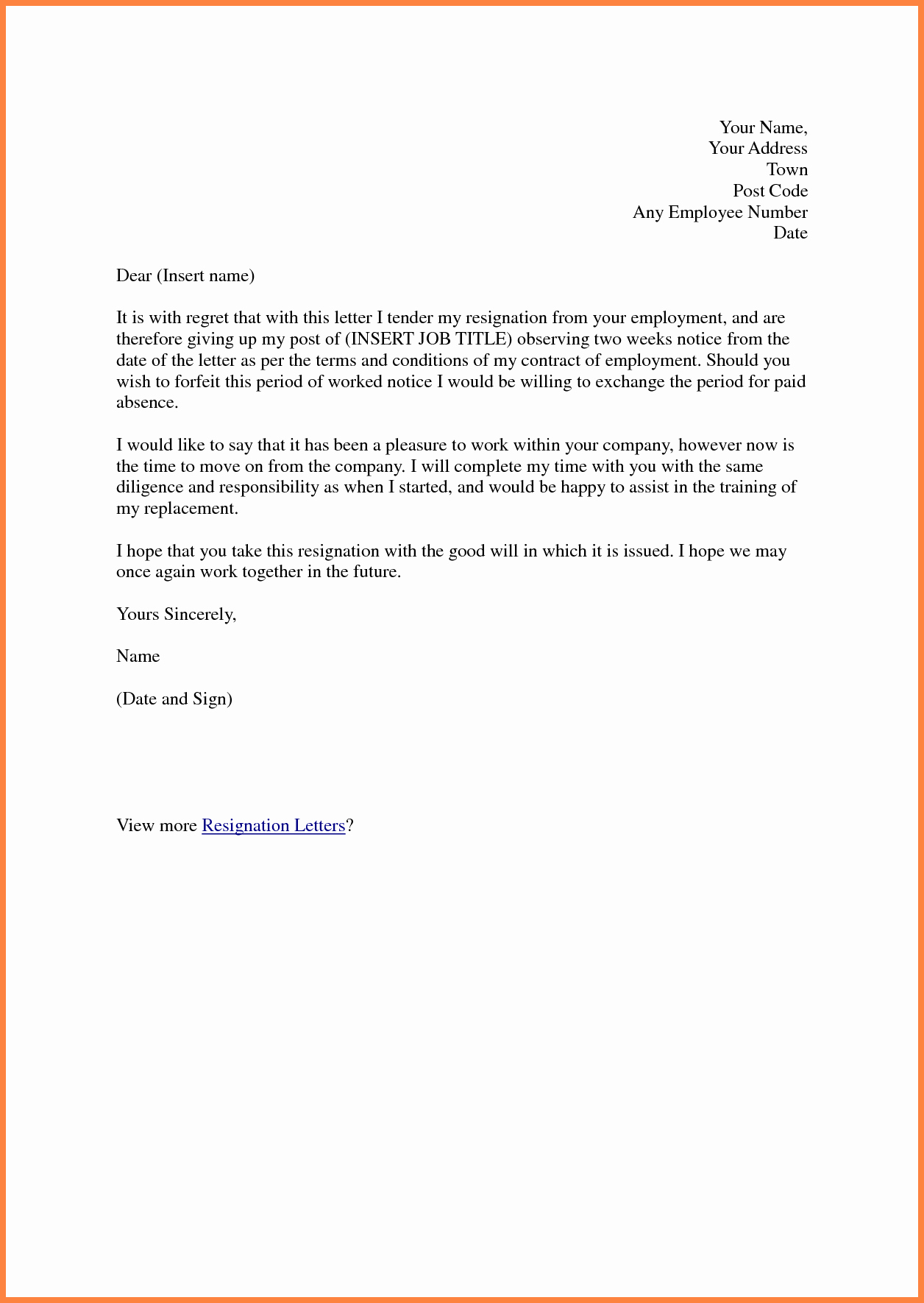 6 Sample Of Resignation Letter Two Weeks Notice