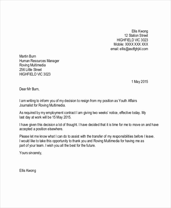 6 Sample Resignation Letters with 2 Week Notice