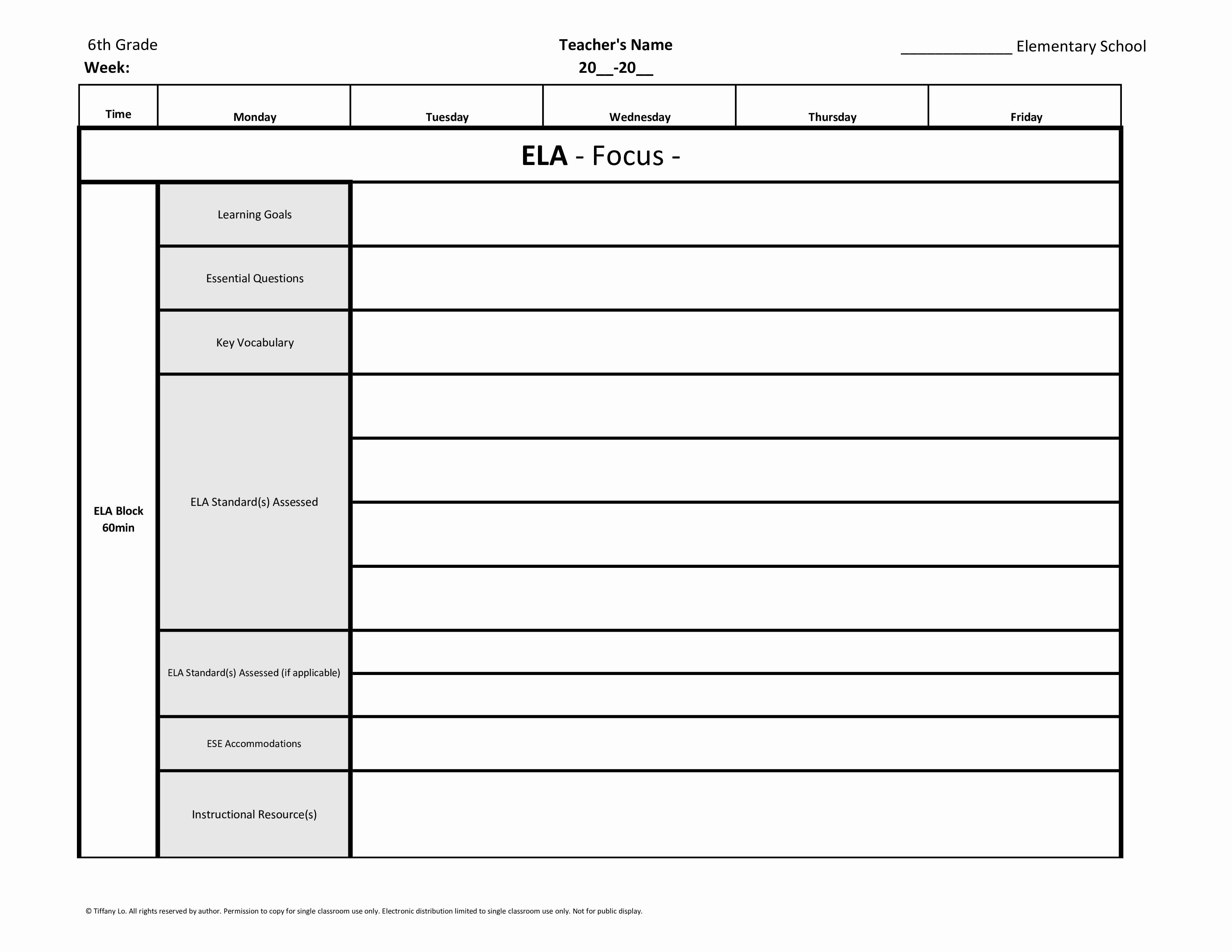 6th Sixth Grade Mon Core Weekly Lesson Plan Template W