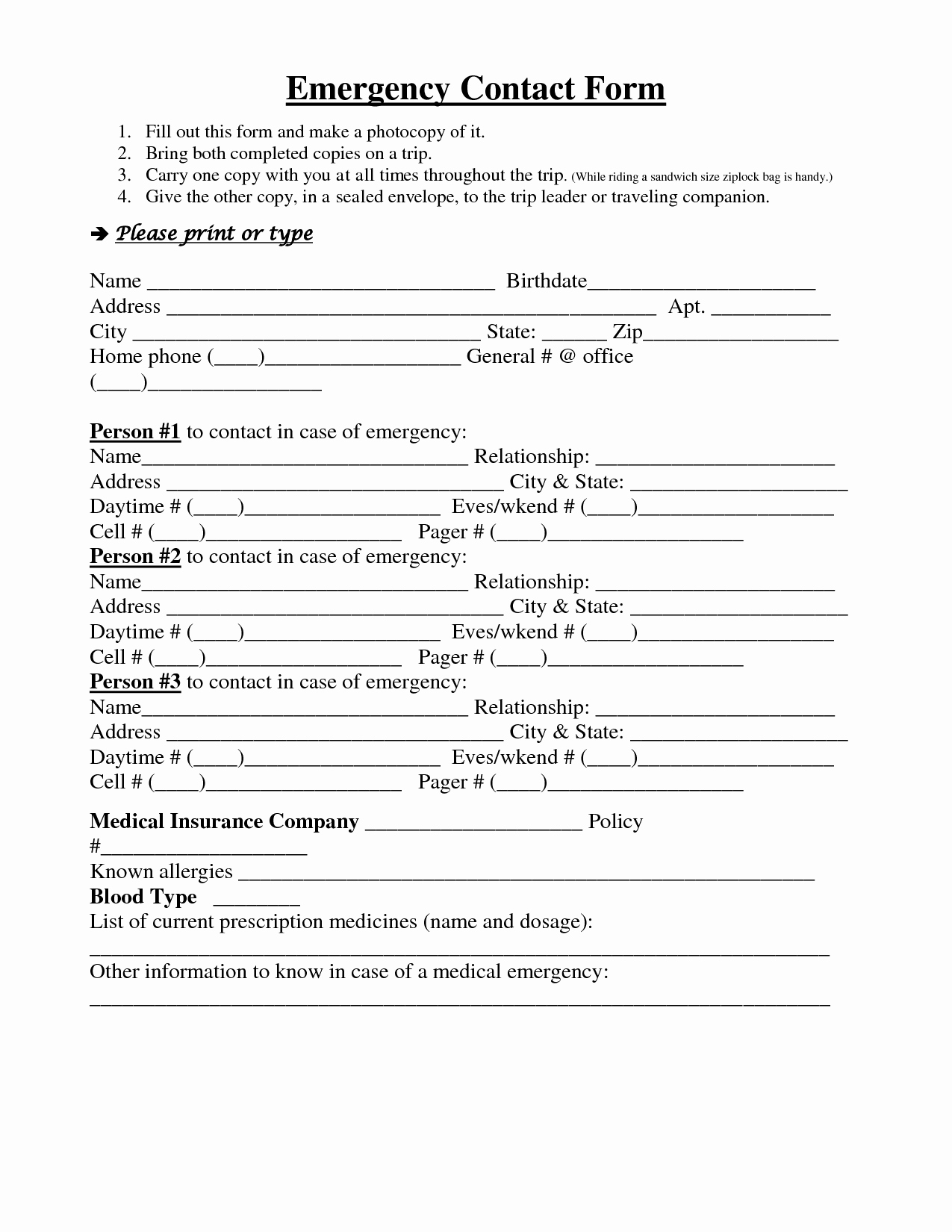 7 Best Of Emergency Contact Printable form