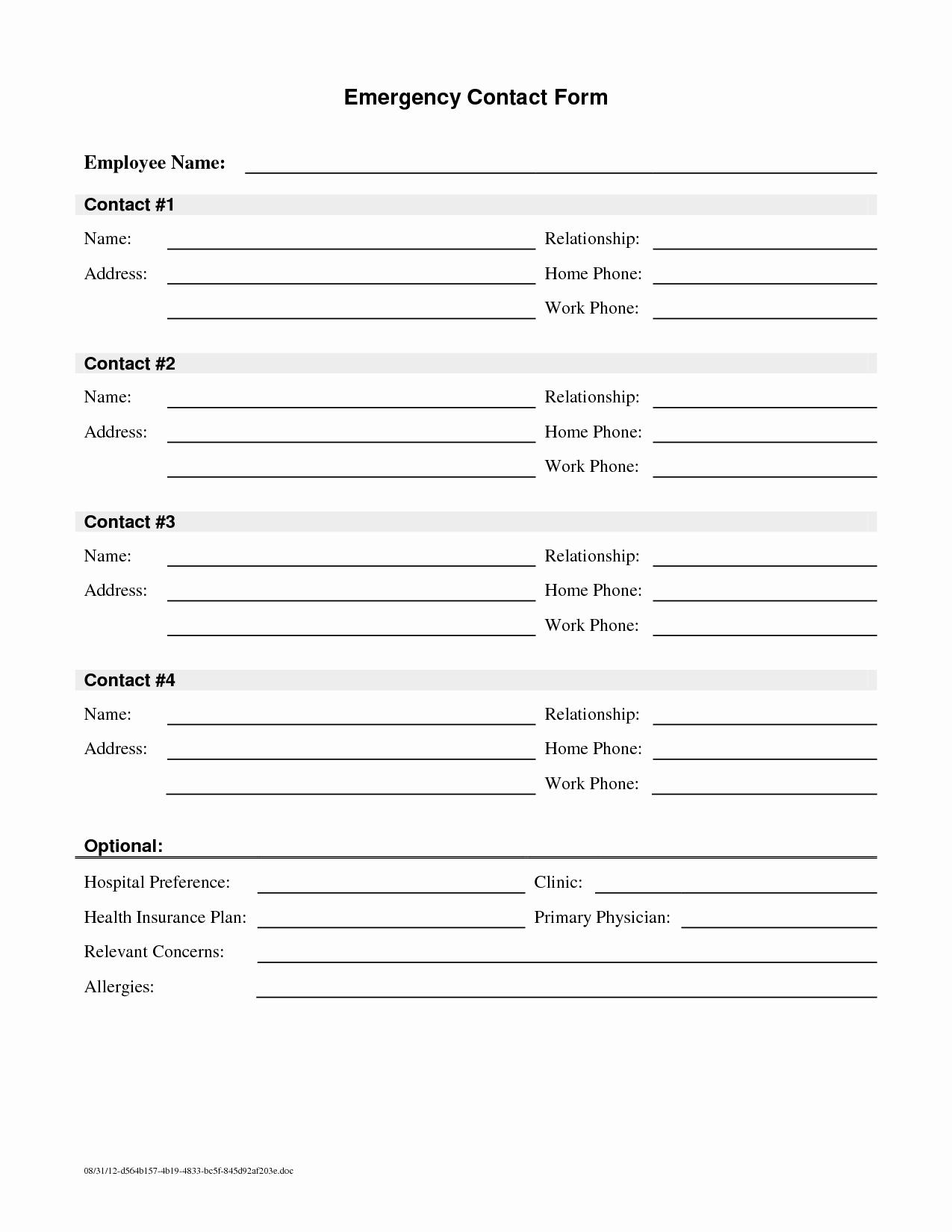 7 Best Of Emergency Contact Printable form
