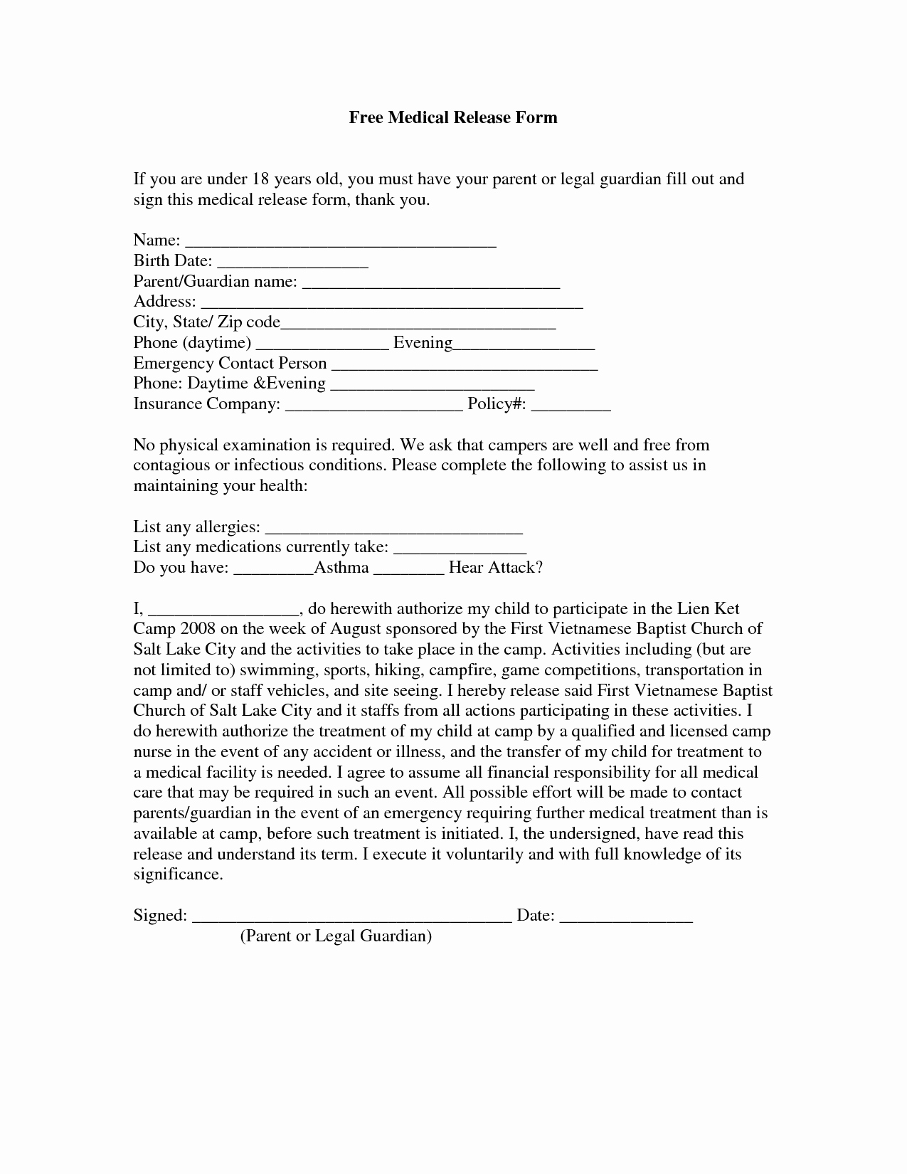 7 Best Of Free Printable Medical Release form