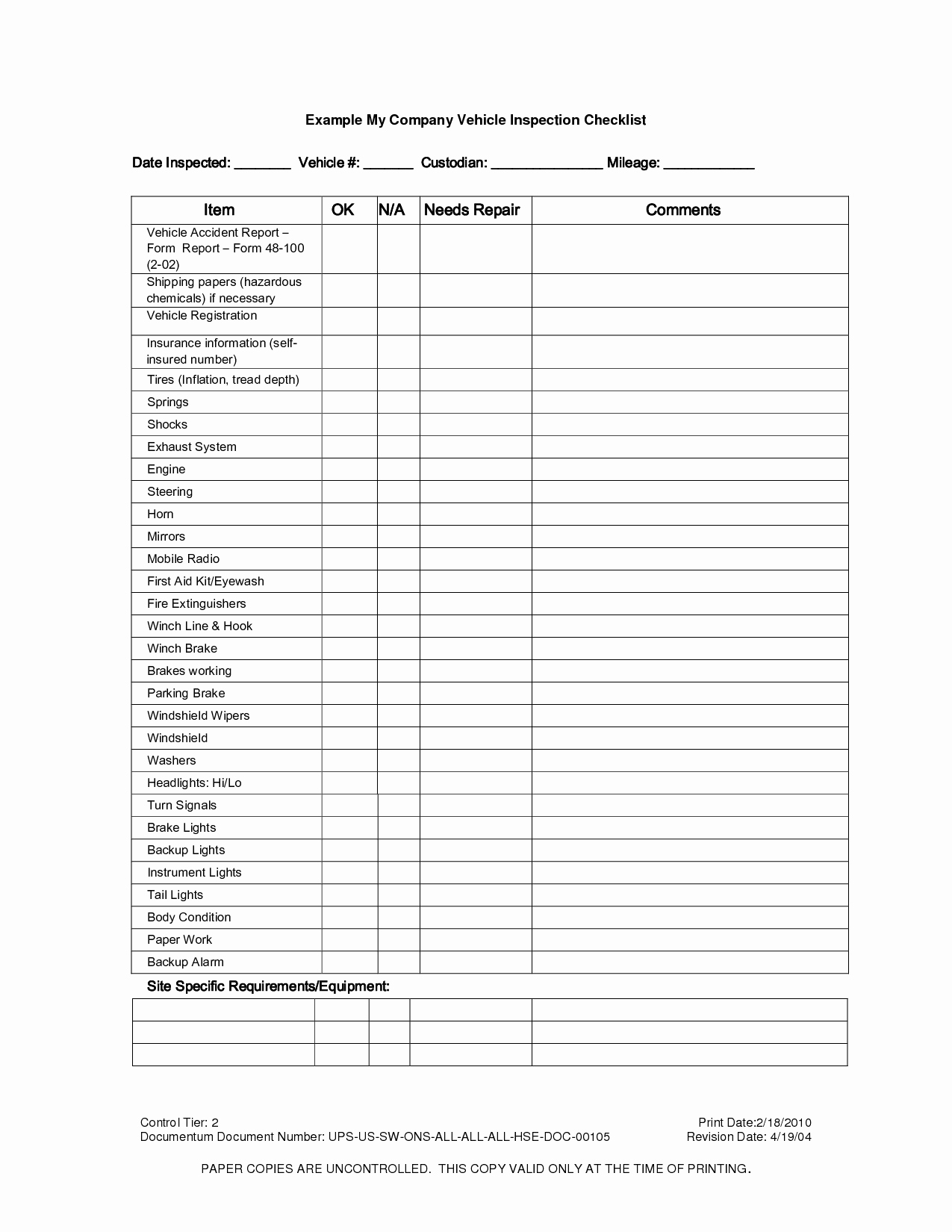 7 Best Of Printable Vehicle Inspection Checklist