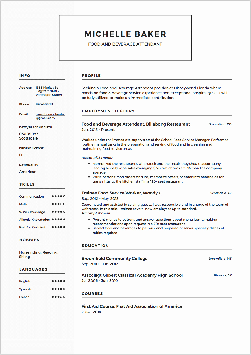 7 Food and Beverage attendant Resume Sample S 2018