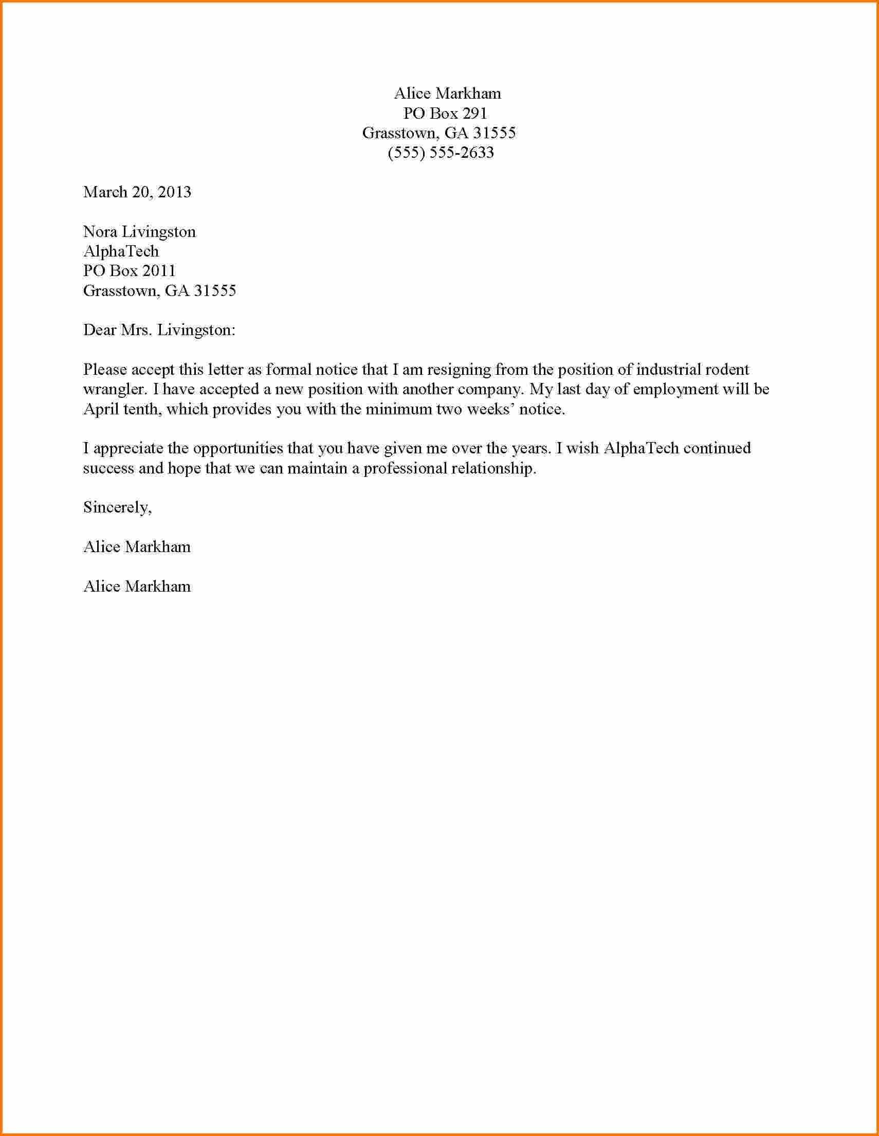 7 formal Letter Of Resignation Template