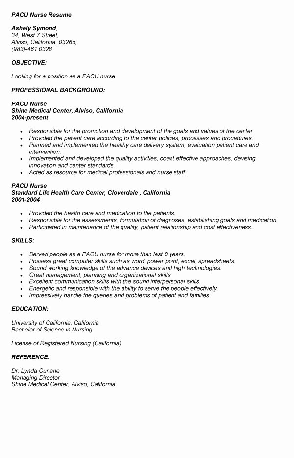 7 Pacu Nurse Resume Cover Letter Example for Employment