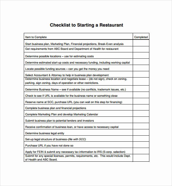 7 Restaurant Checklist Samples &amp; Templates – Pdf Word
