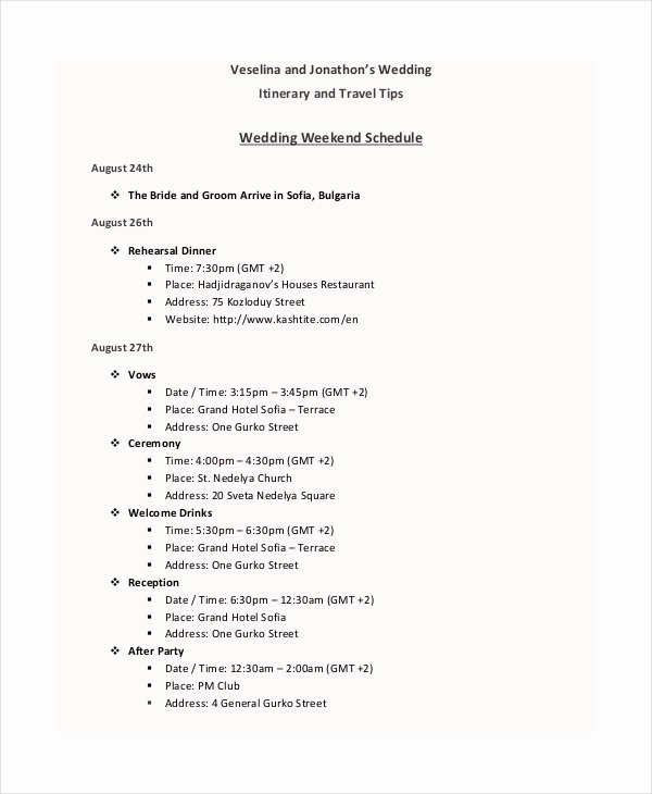 7 Wedding Itinerary Template Free Sample Example