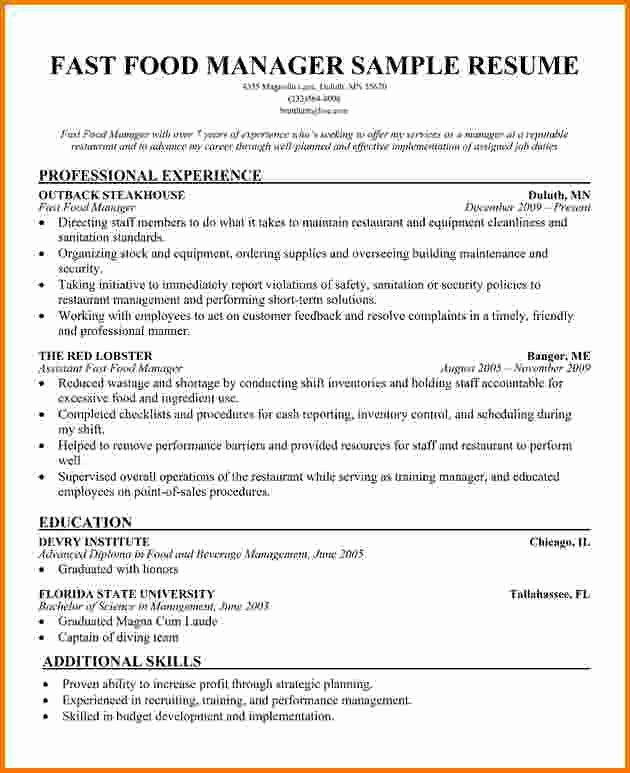 8 Fast Food Manager Resume