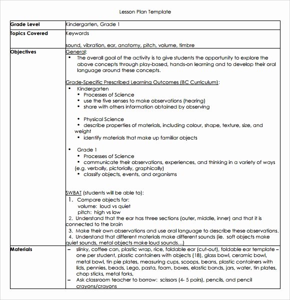 kindergarten lesson plan template