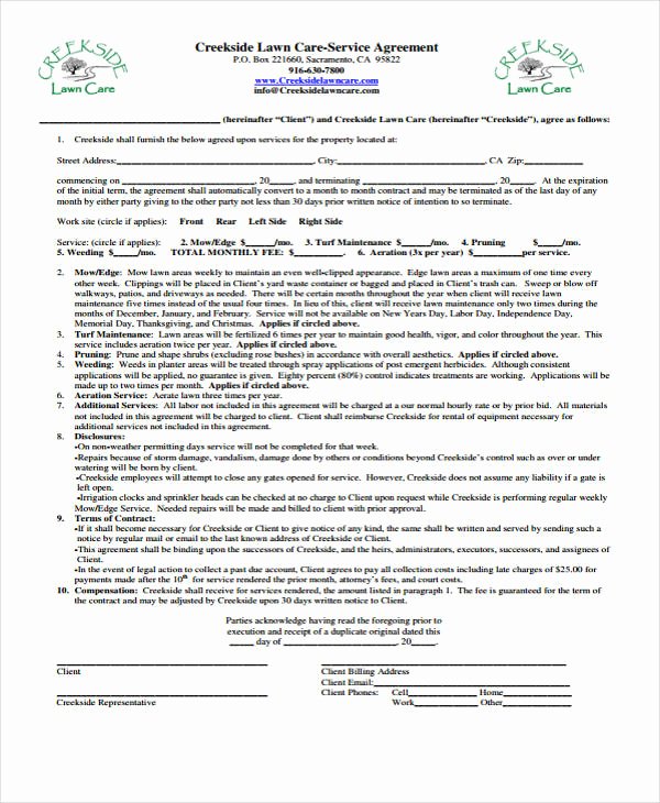 8 Lawn Service Contract Templates Free Sample Example