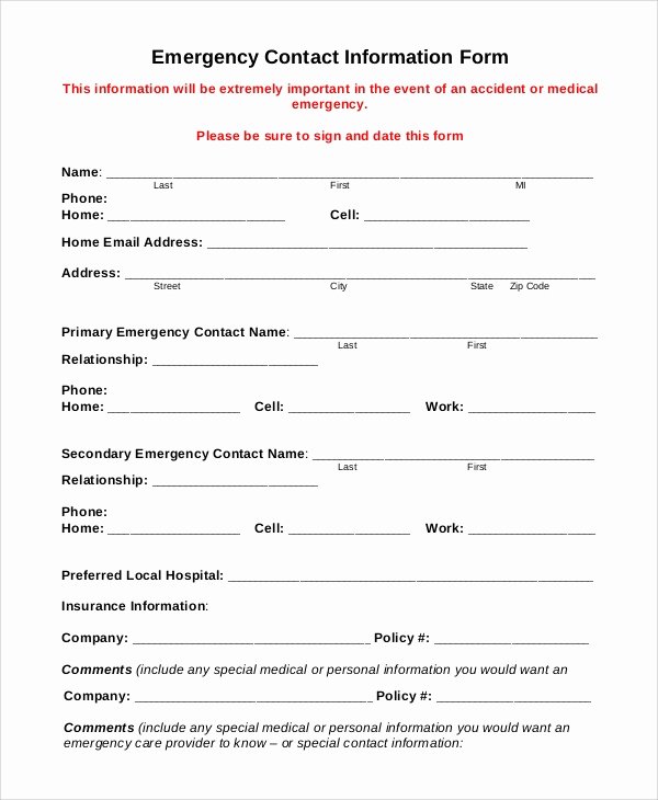 8 Sample Emergency Contact forms – Pdf Doc