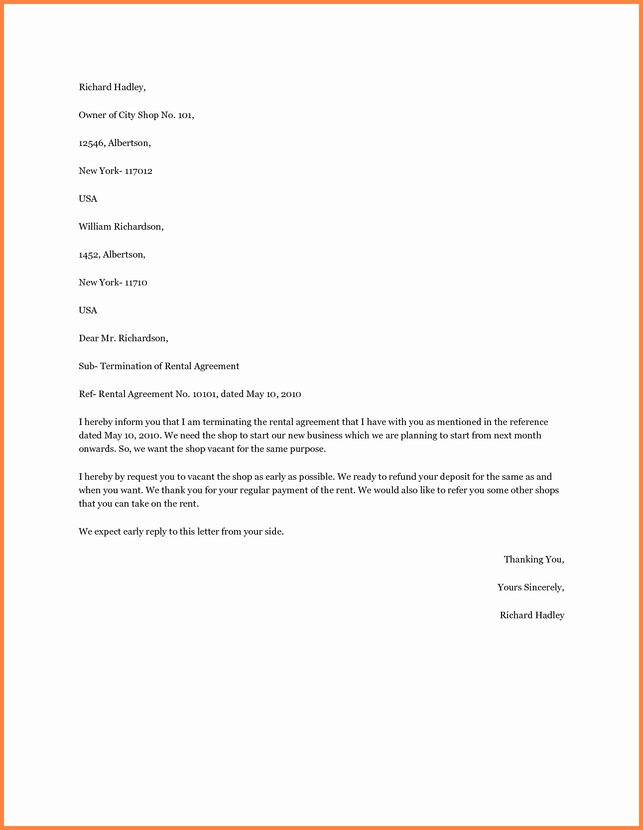 8 Termination Of Rental Agreement Letter by Tenant